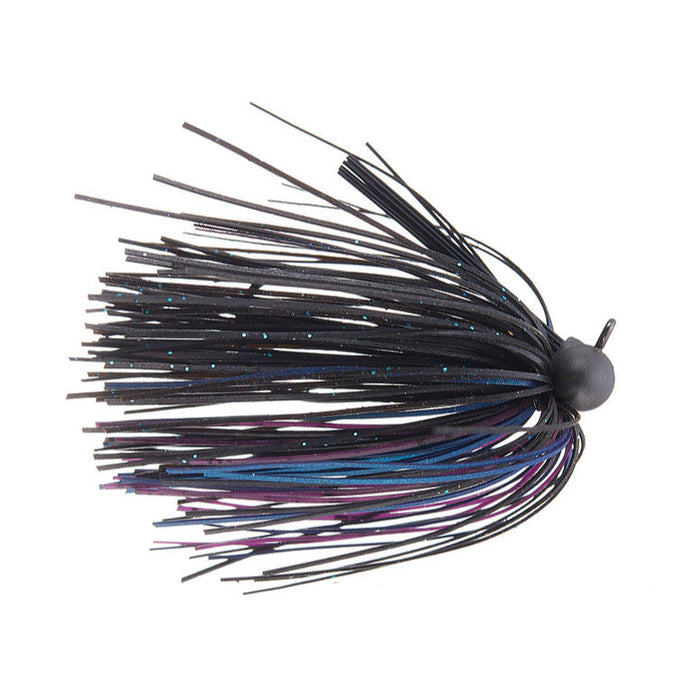 Queen Tackle Tungsten Finesse Peanut Football Jig with black, blue, and purple silicone skirt strands designed for finesse fishing in musky and freshwater environments.