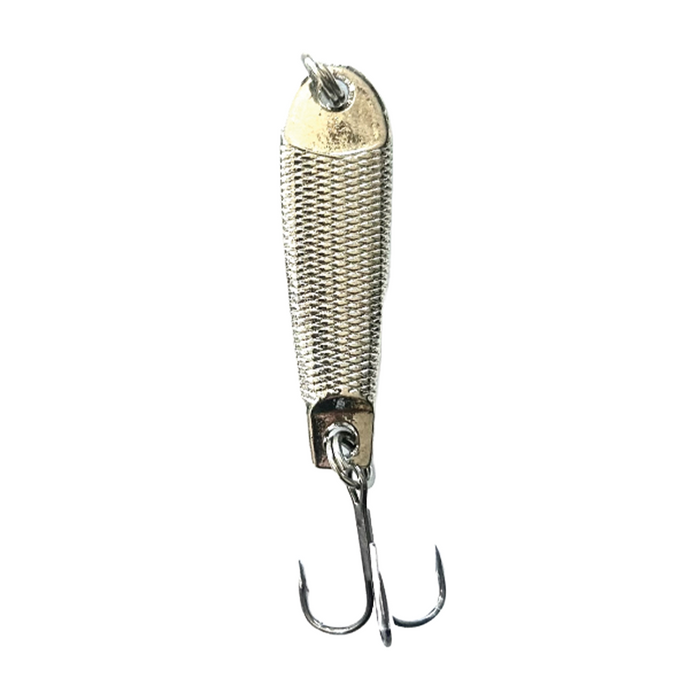 Queen Tackle Tungsten Jigging Spoon fishing lure with a textured metallic body and dual hooks designed for effective fishing tackle use.