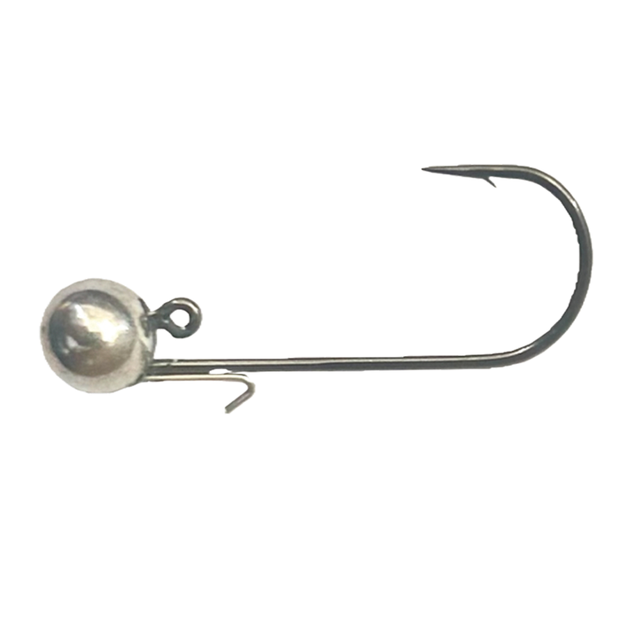 Queen Tackle Tungsten LS Strolling Jig Head featuring a shiny tungsten round head, sharp single hook, and a small keeper for securing soft plastic lures, ideal for fishing tackle.