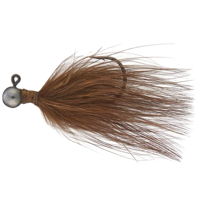 Queen Tackle Tungsten Ping Jig (Marabou Hair) fishing lure featuring a weighted tungsten head and dense brown marabou hair designed for effective musky and ice fishing tackle.