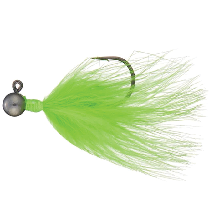 Queen Tackle Tungsten Ping Jig (Marabou Hair) featuring a bright green marabou feather skirt attached to a tungsten jig head with a sharp fishing hook, ideal for fishing tackle use.