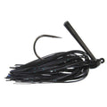 Queen Tackle Tungsten Swim Jig with a sharp fishing hook and black skirt featuring subtle blue glitter, designed for effective freshwater fishing tackle.