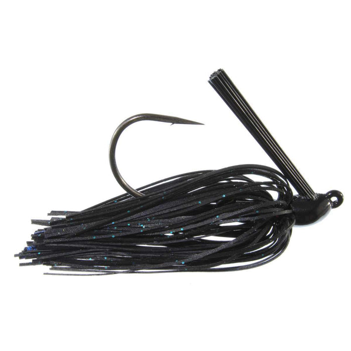 Queen Tackle Tungsten Swim Jig with a sharp fishing hook and black skirt featuring subtle blue glitter, designed for effective freshwater fishing tackle.