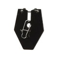 Black metal fishing blade with a silver clip and central hole designed as part of the Queen Tungsten Switch Blades fishing tackle.
