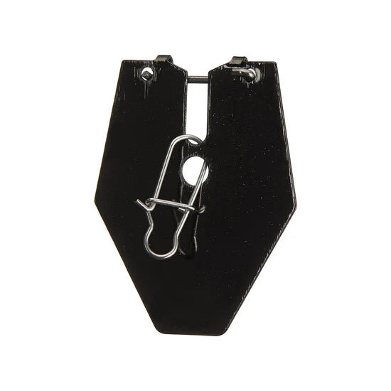Black metal fishing blade with a silver clip and central hole designed as part of the Queen Tungsten Switch Blades fishing tackle.
