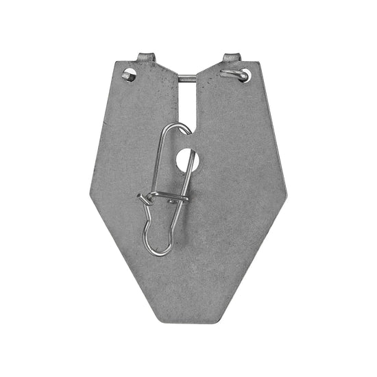 Queen Tungsten Switch Blades fishing lure blade in silver-gray tungsten metal with a unique angular shape and an attached metal clip for fishing tackle use.