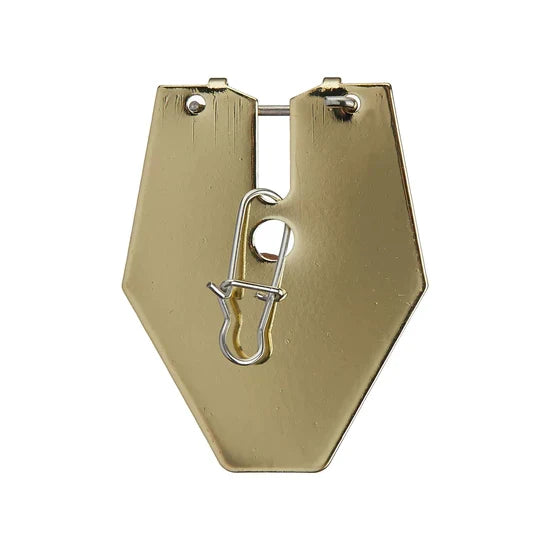 Close-up image of a gold-colored Queen Tungsten Switch Blades fishing lure with a secure wire hook clasp designed for musky fishing tackle.