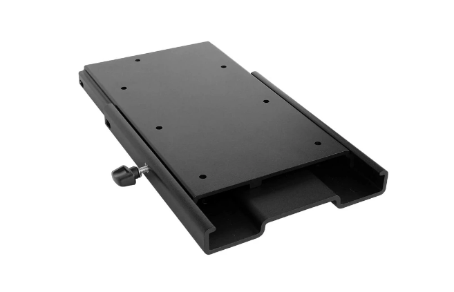 Quick Release Bracket / MKA-16-03, a black metal mounting plate with multiple screw holes and a side tightening knob, designed for secure attachment of fishing tackle or marine electronics.