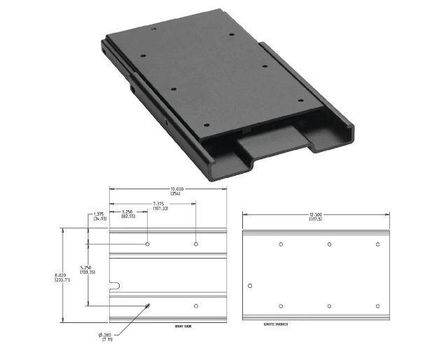 Quick Release Bracket / MKA-16-03 in black, rectangular with multiple mounting holes, designed for secure attachment in fishing tackle setups, shown with detailed dimensional diagrams.
