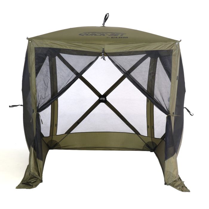 Quick-Set Traveler Screen Shelter (4 Sided) in olive green with mesh sides and zippered openings, designed for easy setup to provide insect protection and shelter while fishing outdoors.