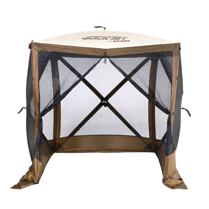Quick-Set Traveler Screen Shelter (4 Sided) with brown frame and mesh walls providing full insect protection and ventilation, designed for outdoor fishing or camping use.