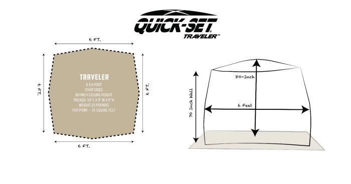 Diagram showing dimensions and layout of the Quick-Set Traveler Screen Shelter (4 Sided) with a 6-foot square footprint and 70-inch peak height, designed for outdoor use.