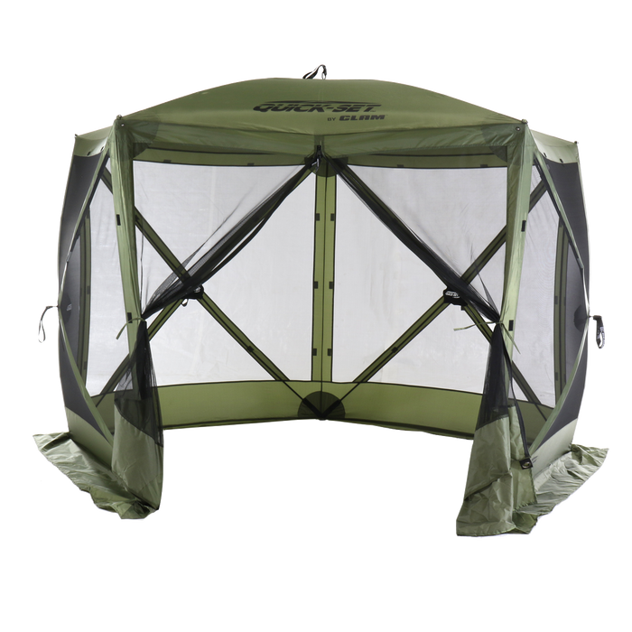 Quick-Set Venture Screen Shelter (5 Sided) in green with mesh side panels and sturdy frame designed for outdoor fishing or recreation, providing protection from insects and elements.