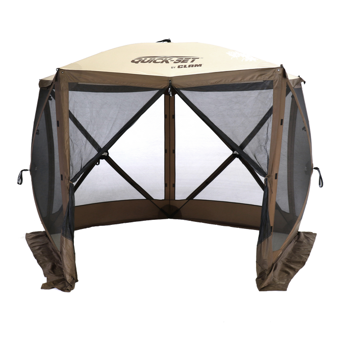 Quick-Set Venture Screen Shelter (5 Sided) with brown fabric and mesh sides designed for outdoor protection and ventilation, ideal for fishing and outdoor activities.