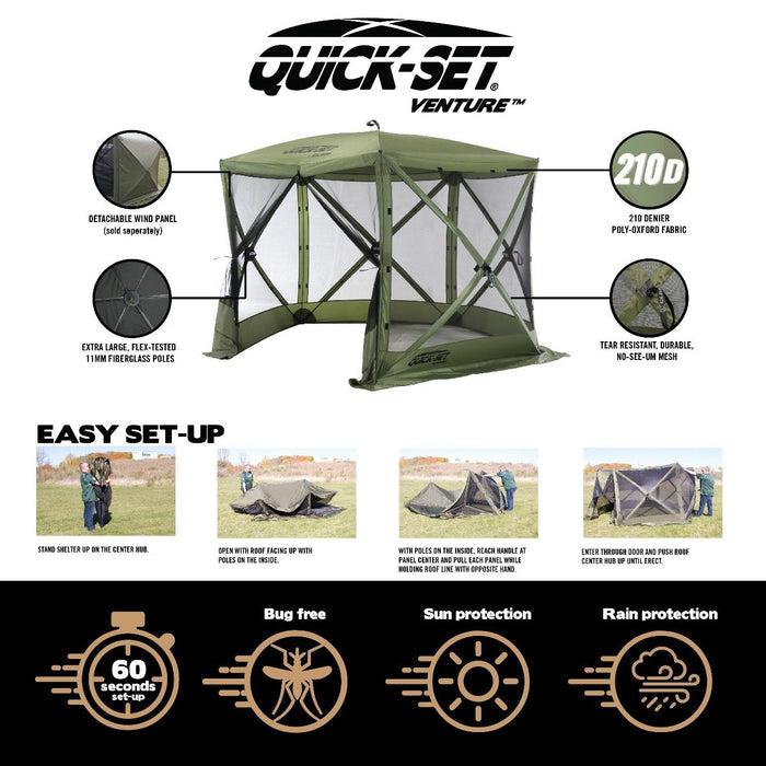 Quick-Set Venture Screen Shelter (5 Sided) in green, featuring durable 210 denier polyester-oxford fabric, large fiberglass poles, detachable wind panel, and rugged no-see-um mesh for bug, sun, and rain protection with easy setup steps shown.