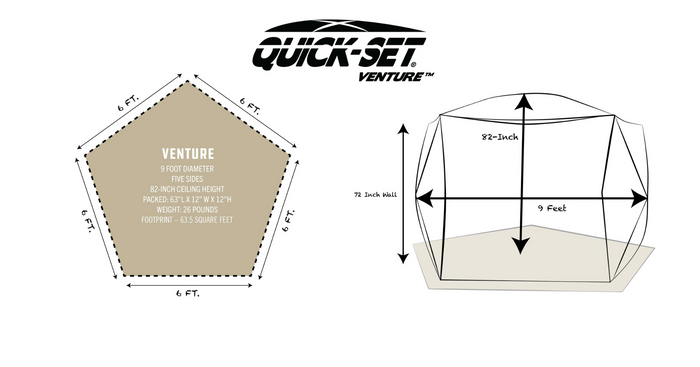 Diagram showing dimensions and specifications of the Quick-Set Venture Screen Shelter (5 Sided) including 9-foot diameter, 72-inch wall height, and 82-inch ceiling height, highlighting its spacious interior.
