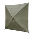 Quick-Set Wind Panels shown as a large square green fabric panel with reinforced corners and a central attachment for easy setup, designed for wind protection during fishing activities.