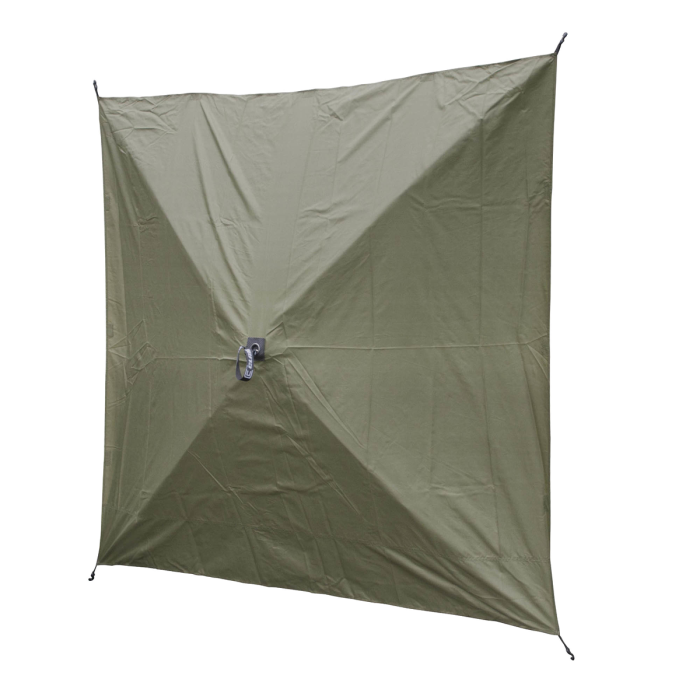 Quick-Set Wind Panels shown as a large square green fabric panel with reinforced corners and a central attachment for easy setup, designed for wind protection during fishing activities.