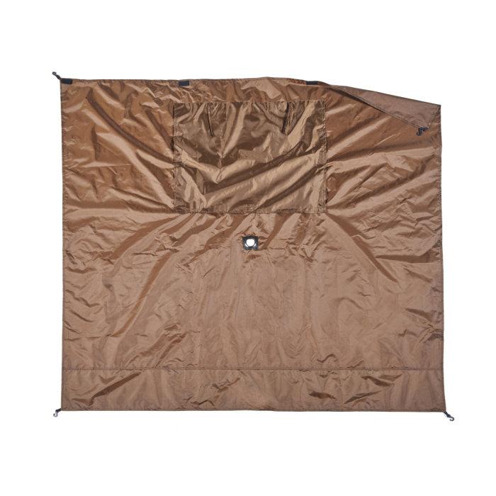 Quick-Set Wind Panels made of brown durable fabric with multiple attachment points and a clear viewing window, designed to provide protection and visibility for outdoor fishing shelters.