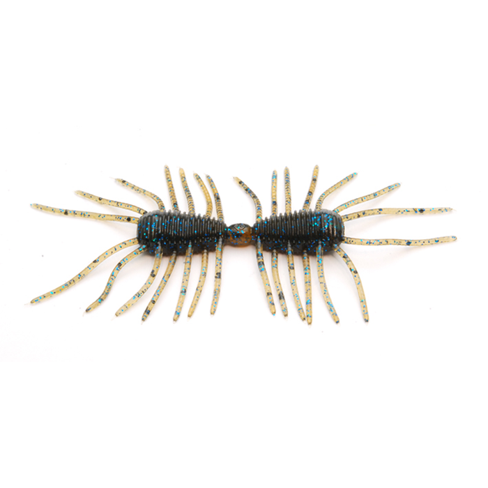 Raid 2 Way fishing lure designed to mimic a small aquatic creature with multiple flexible appendages in dark brown and beige with blue specks, ideal for fishing tackle.