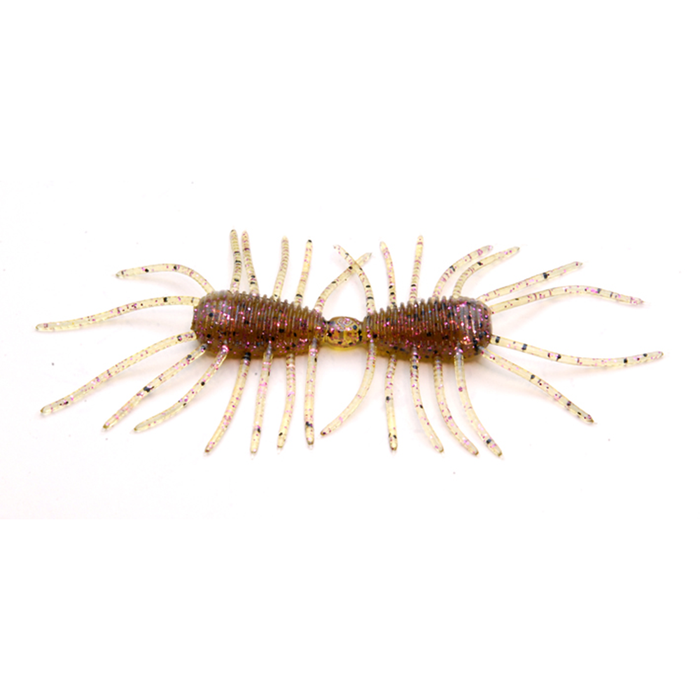 Clear close-up of Raid 2 Way fishing lure designed to resemble a segmented insect with dark brown and translucent body featuring multiple thin legs for realistic movement in fishing tackle.