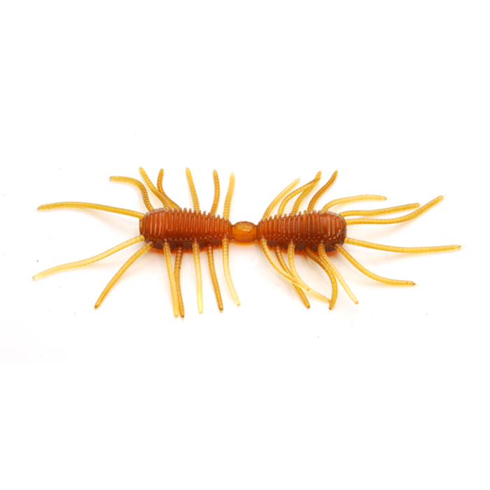 Close-up of a brown and orange segmented soft fishing lure with multiple flexible appendages on each segment, designed for use as the Raid 2 Way fishing tackle.