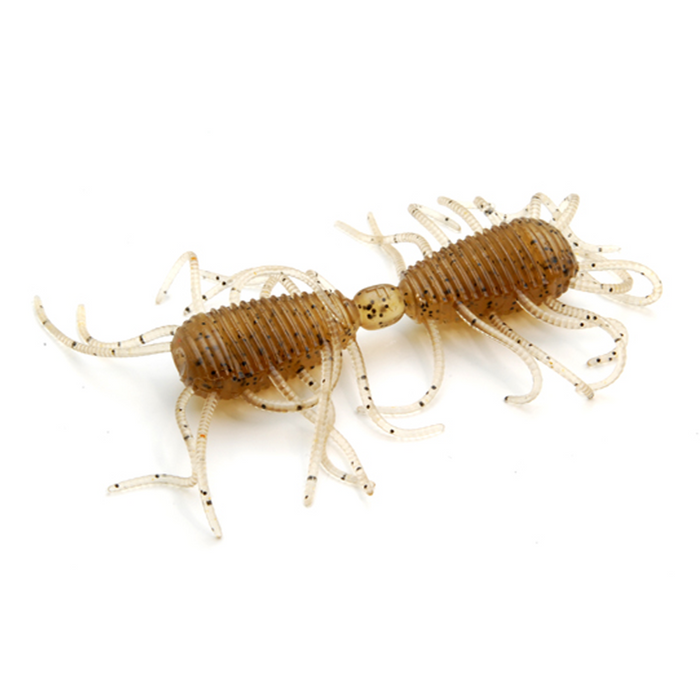 Close-up of a brown soft plastic fishing lure with multiple flexible appendages, designed as the Raid 2 Way for freshwater fishing tackle.