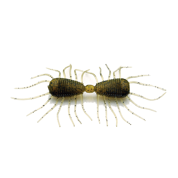 Close-up of a segmented, olive and tan soft plastic fishing lure with multiple thin appendages on each side designed to mimic small aquatic creatures, labeled Raid 2 Way.