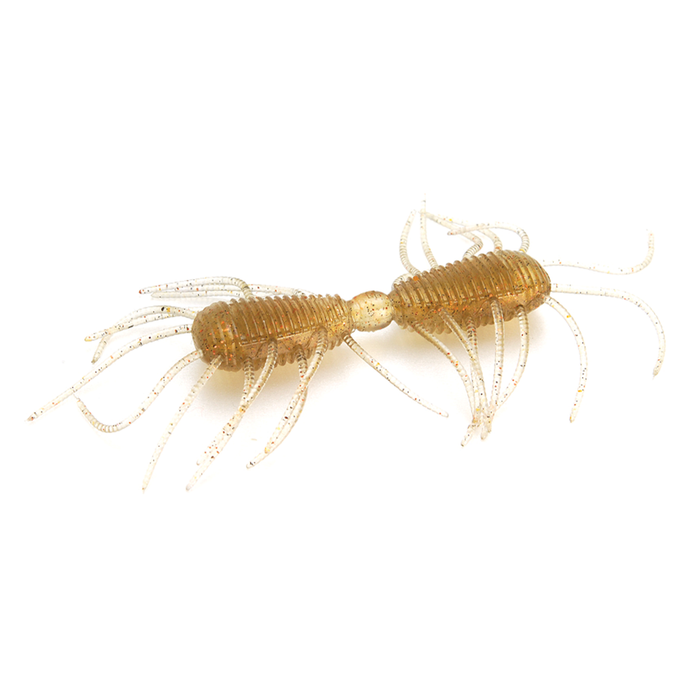 Close-up of a translucent brown fishing lure with multiple segmented legs and antennae, designed to mimic aquatic prey for musky fishing, labeled Raid 2 Way.
