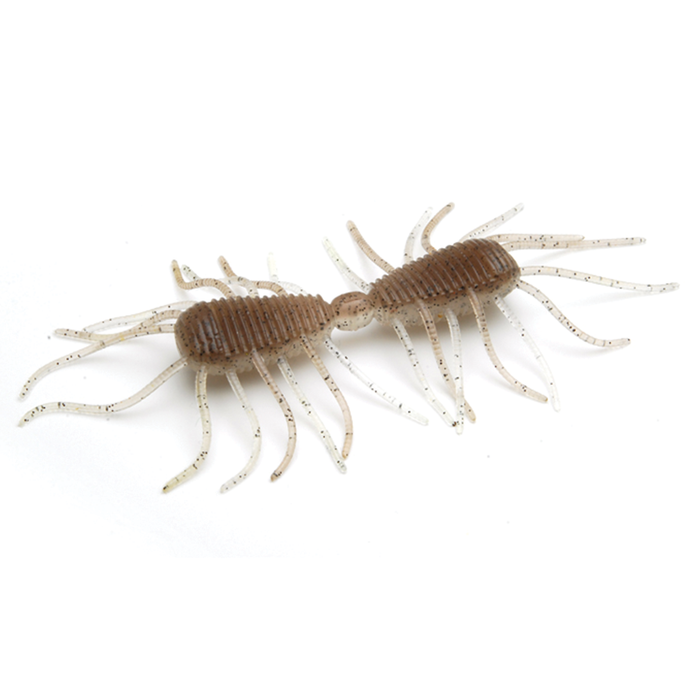Two soft plastic fishing lures resembling small aquatic insects with segmented brown bodies and multiple translucent legs, used as part of the Raid 2 Way fishing tackle.