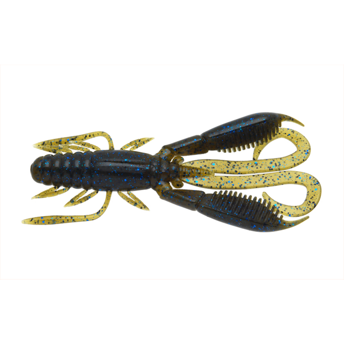 Raid Battle Hog soft plastic fishing lure in dark green and yellow with blue flecks, designed to imitate a crawfish for fishing tackle use.
