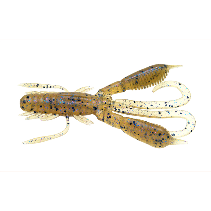 Soft plastic fishing lure resembling a small crawfish with segmented body and multiple appendages in translucent brown with black and blue flecks, called Raid Battle Hog.