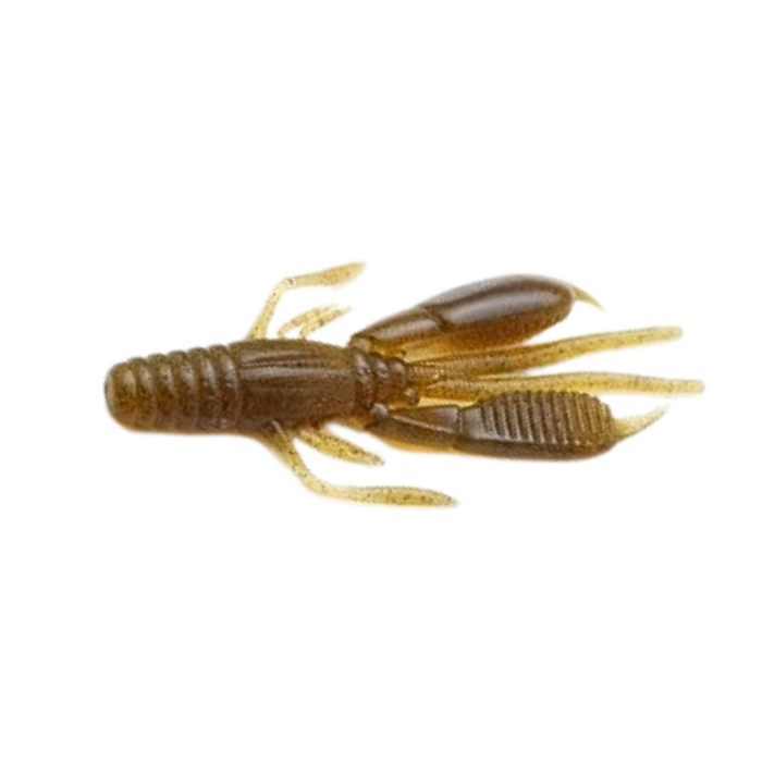 Soft plastic fishing lure resembling a small crawfish with segmented body and multiple legs in brown and translucent colors, designed as the Raid Battle Hog for fishing tackle.