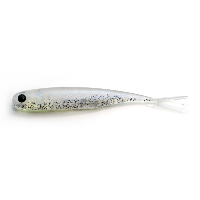 Soft plastic fishing lure with a translucent body, black speckles, and forked tail, designed for use with Raid Fish Roller fishing tackle.