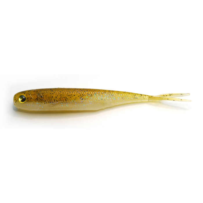 A close-up of the Raid Fish Roller fishing lure in yellow and gold with black specks and a forked tail, designed for realistic movement in fishing tackle.