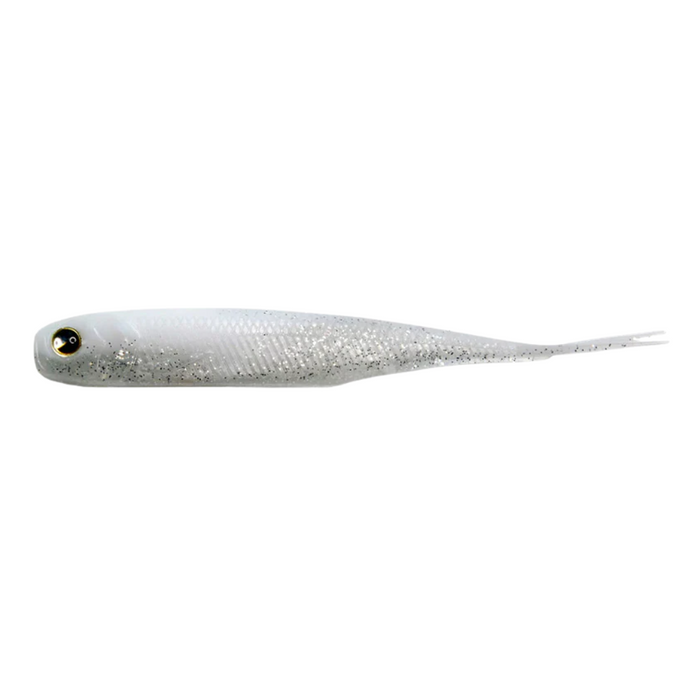 Raid Fish Roller soft fishing lure with a silver and white body, realistic black and gold eyes, and a slender, tapered tail designed for lifelike movement in water.