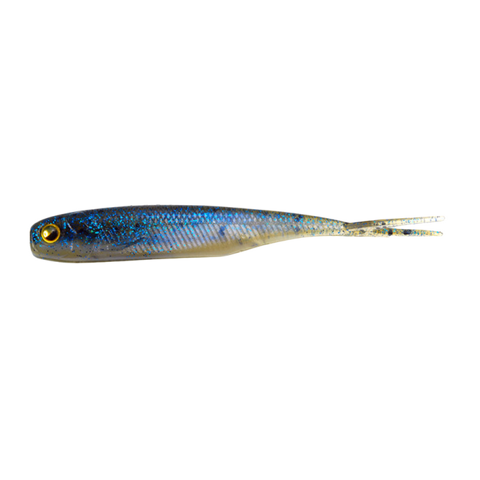 Close-up of a Raid Fish Roller soft plastic fishing lure in blue and translucent shades with glitter, featuring a slender body and forked tail designed for realistic movement.