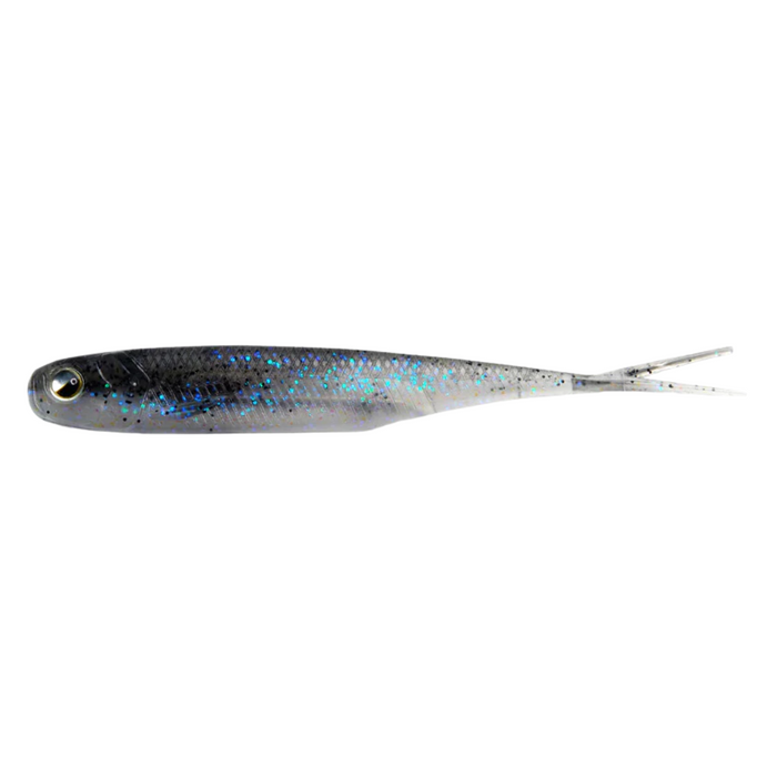 Raid Fish Roller fishing lure in a slender fish shape with a dark head, translucent body with blue and black speckles, and a forked tail for realistic movement in water.