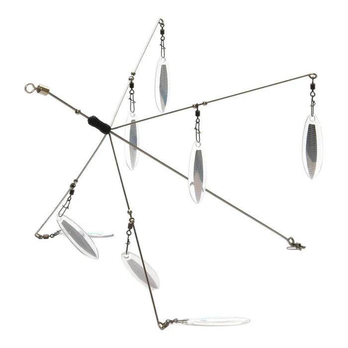 Raid Ghost Wire Next Level fishing lure with multiple reflective blades on wire arms designed to attract musky and other predatory fish in freshwater fishing.