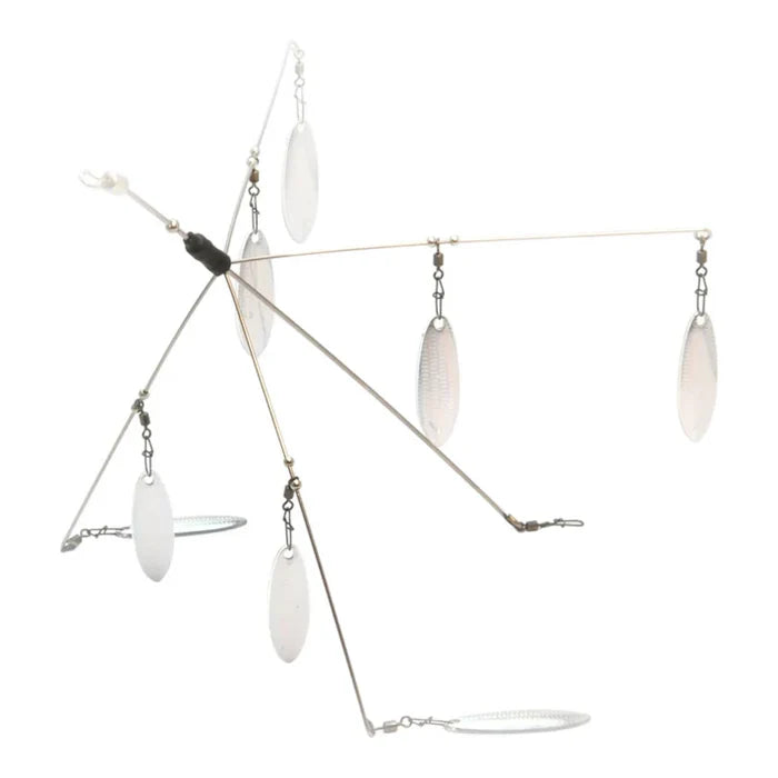 Raid Ghost Wire Next Level fishing lure with multiple reflective spinner blades designed for musky fishing, showcasing a wire frame and swivel attachments.
