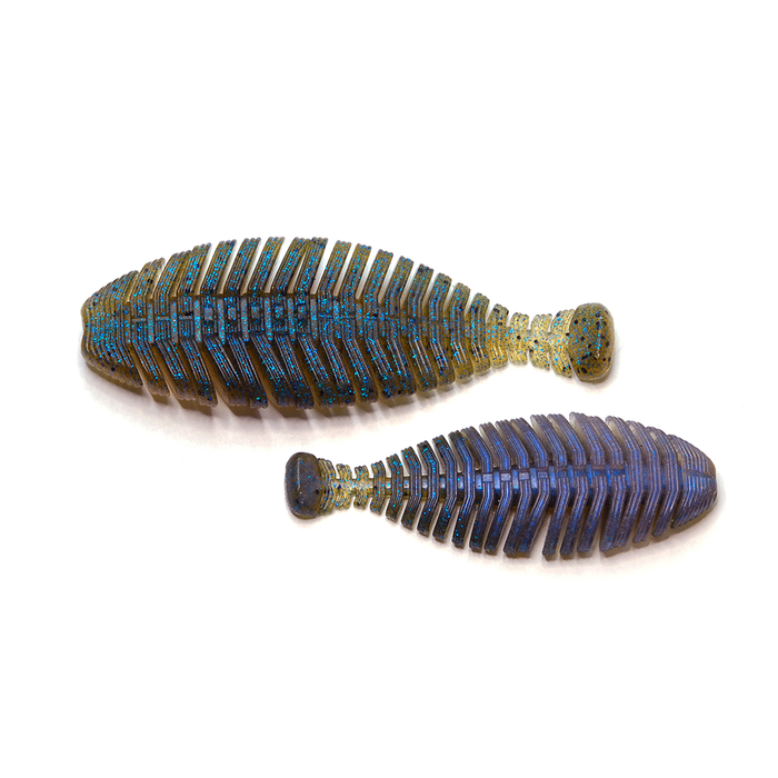 Two segmented soft plastic fishing lures in shades of blue and brown with glitter, designed for musky fishing, labeled as Raid Hira Tailor.