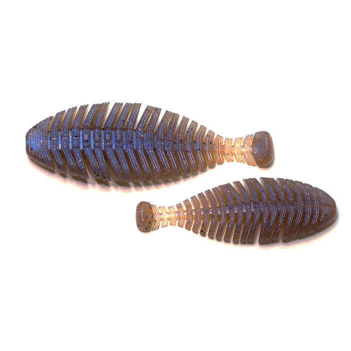 Two soft plastic fishing lures in dark brown with blue and black flecks, ribbed bodies and paddle tails, called Raid Hira Tailor, designed for musky and freshwater fishing.