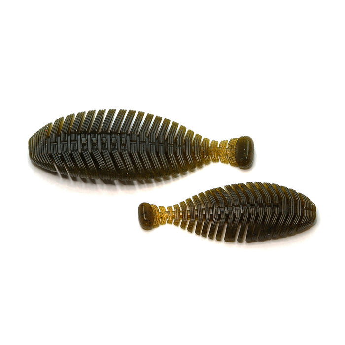 Two soft plastic fishing lures in dark green and brown shades with ribbed bodies and paddle tails, designed for use with the Raid Hira Tailor fishing rod.