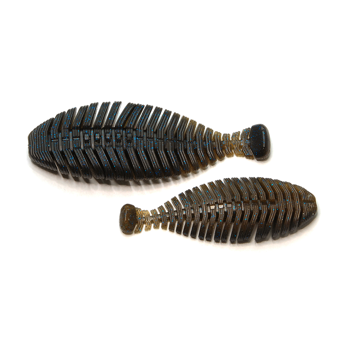 Two soft plastic fishing lures in dark colors with blue and gold flecks, designed for musky fishing, labeled Raid Hira Tailor, displayed on a white background.
