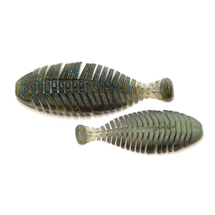 Two soft plastic fishing lures in a ribbed, segmented design with paddle tails, featuring a translucent greenish color with blue and gold glitter, labeled as Raid Hira Tailor.