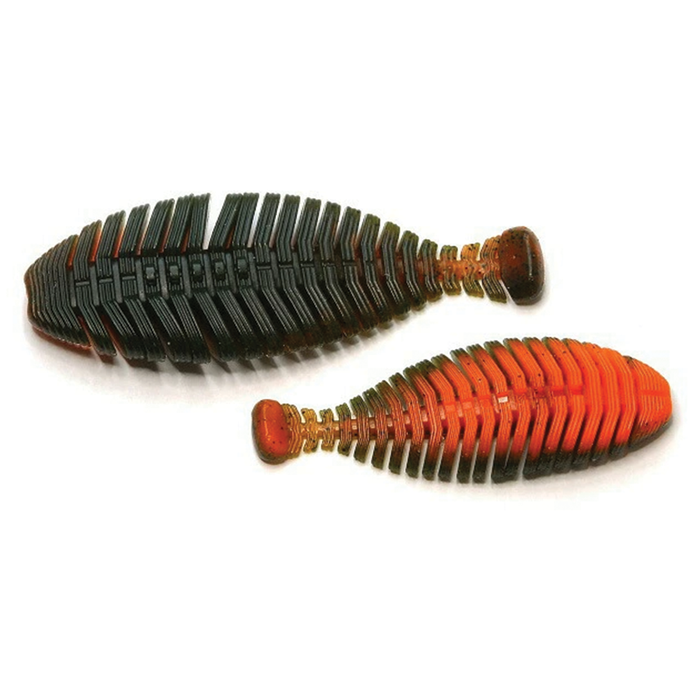 Two soft plastic fishing lures shaped like segmented bait bodies in dark green and orange hues, designed as Raid Hira Tailor to attract musky fish.