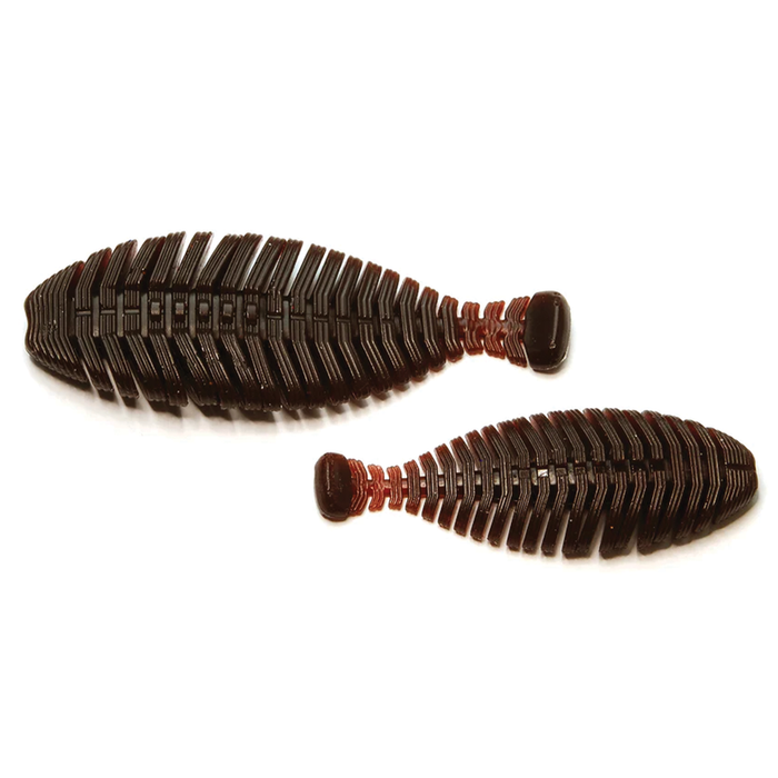Two soft plastic fishing lures in dark brown with segmented ribbed bodies and paddle tails, designed as Raid Hira Tailor for musky fishing tackle.