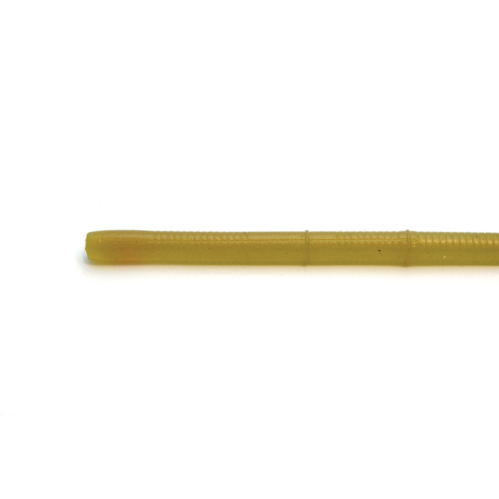 Close-up of a translucent olive green soft plastic fishing lure with ribbed texture, designed for use with Raid Justraight (JDM) fishing tackle.