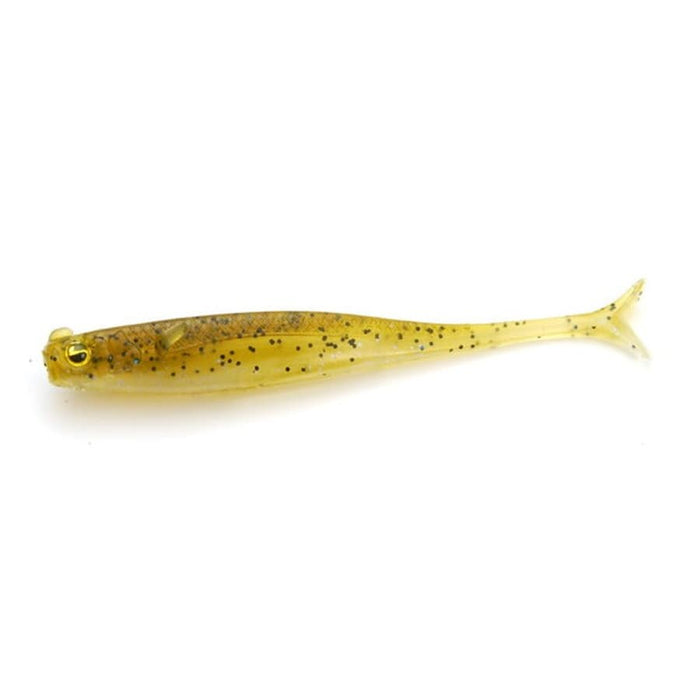 Soft plastic fishing lure in translucent yellow with black speckles and realistic eyes designed to imitate a small baitfish, Raid Little Sweeper (JDM) model.