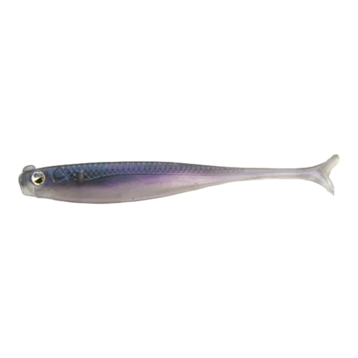 Raid Little Sweeper fishing lure shaped like a small fish with a purple and grey gradient body, realistic eyes, and a translucent paddle tail for lifelike swimming action.